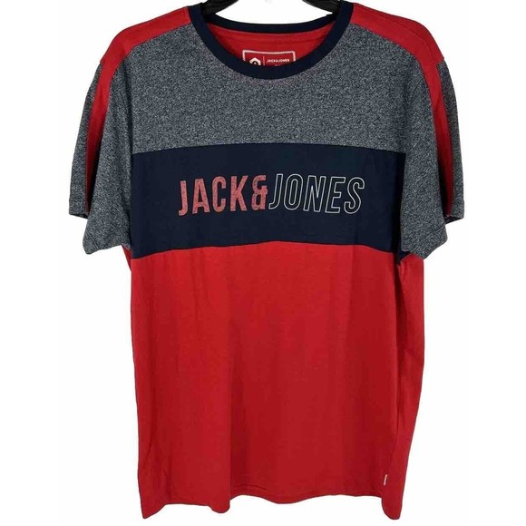 JACK & JONES Mens XL Core Colorblock T-Shirt Top Grey Red Large Logo UK Size NWT - Picture 1 of 11